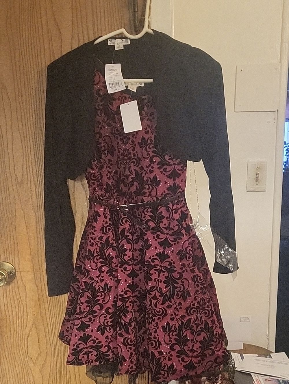 Knitworks Black and Purple Floral Velvet Girls' Formal Dress with Shrug
